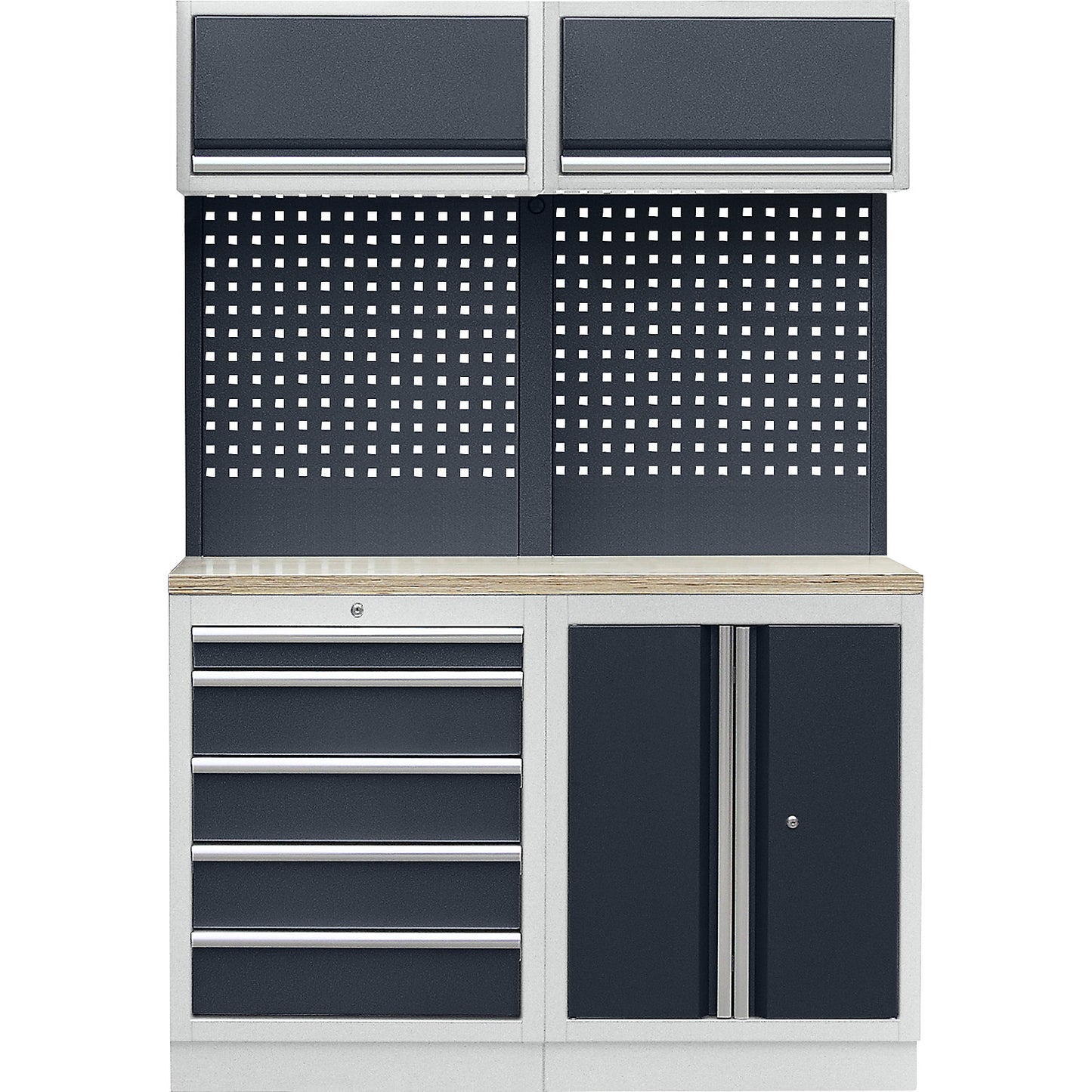 Workshop cupboard system with hinged door and drawer base cupboard, WxD 1360 x 460 mm, light grey / charcoal.