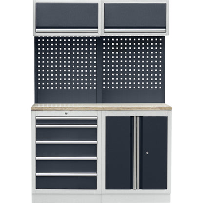 Workshop cupboard system with hinged door and drawer base cupboard, WxD 1360 x 460 mm, light grey / charcoal.