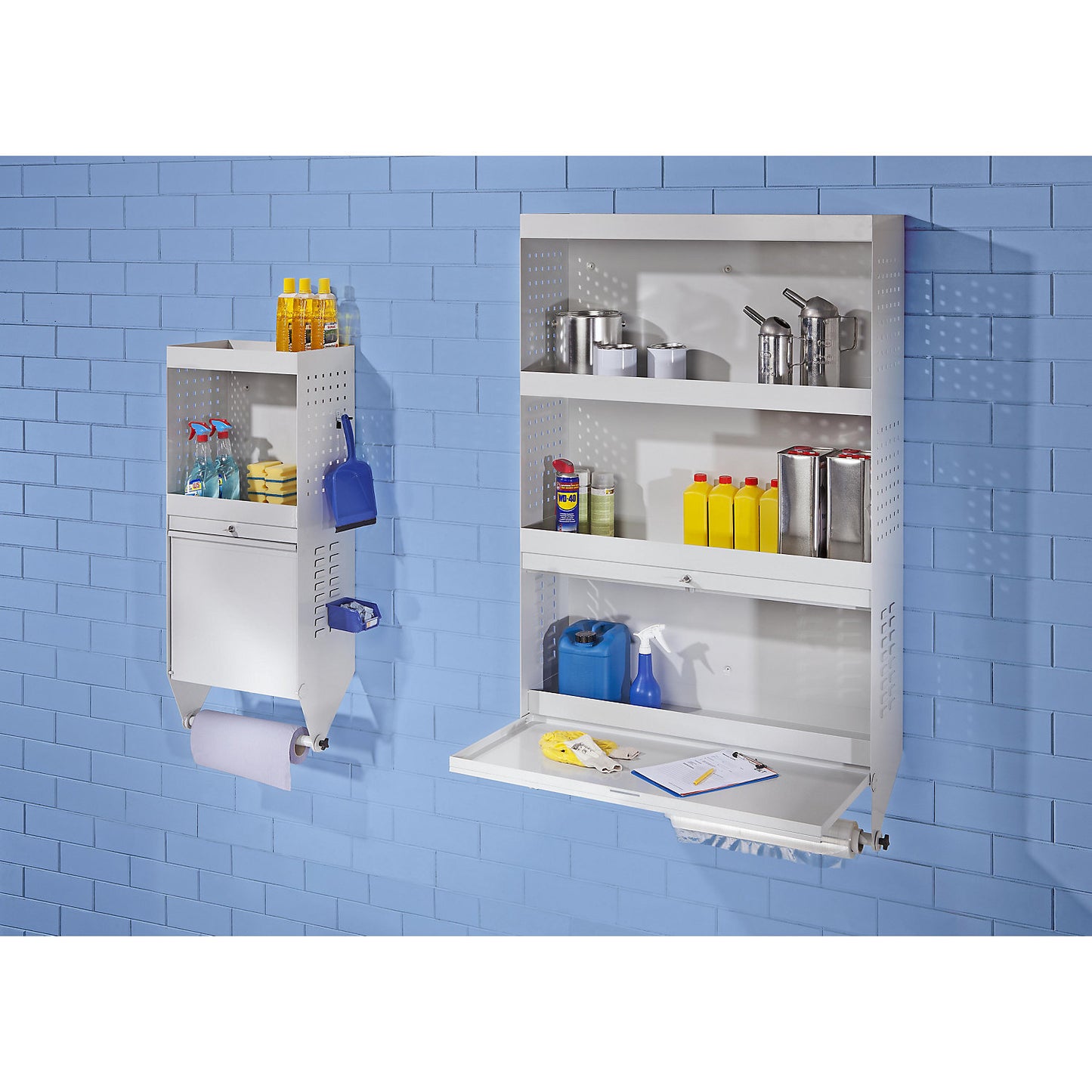 Wall mounted cupboard for tools, with folding work surface, max. reach 720 mm.