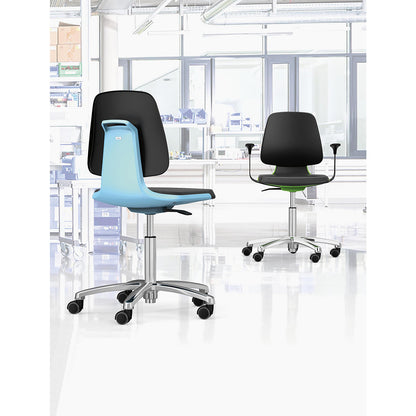 LABSIT industrial swivel chair, high chair with sit-stop castors and foot ring, vinyl upholstered seat, blue.