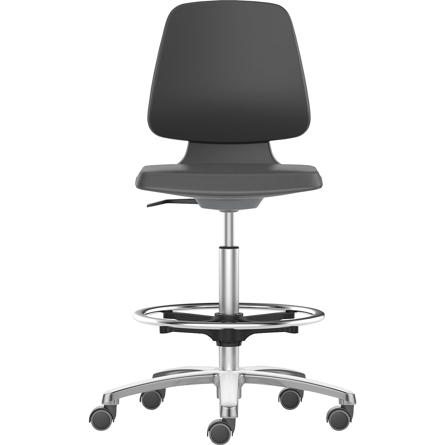 LABSIT industrial swivel chair, high chair with sit-stop castors and foot ring, vinyl upholstered seat, charcoal.