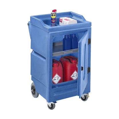 Environmental/chemical trolley made of PE, 1 sump shelf, 2 base sumps, LxWxH 725 x 640 x 1075 mm.