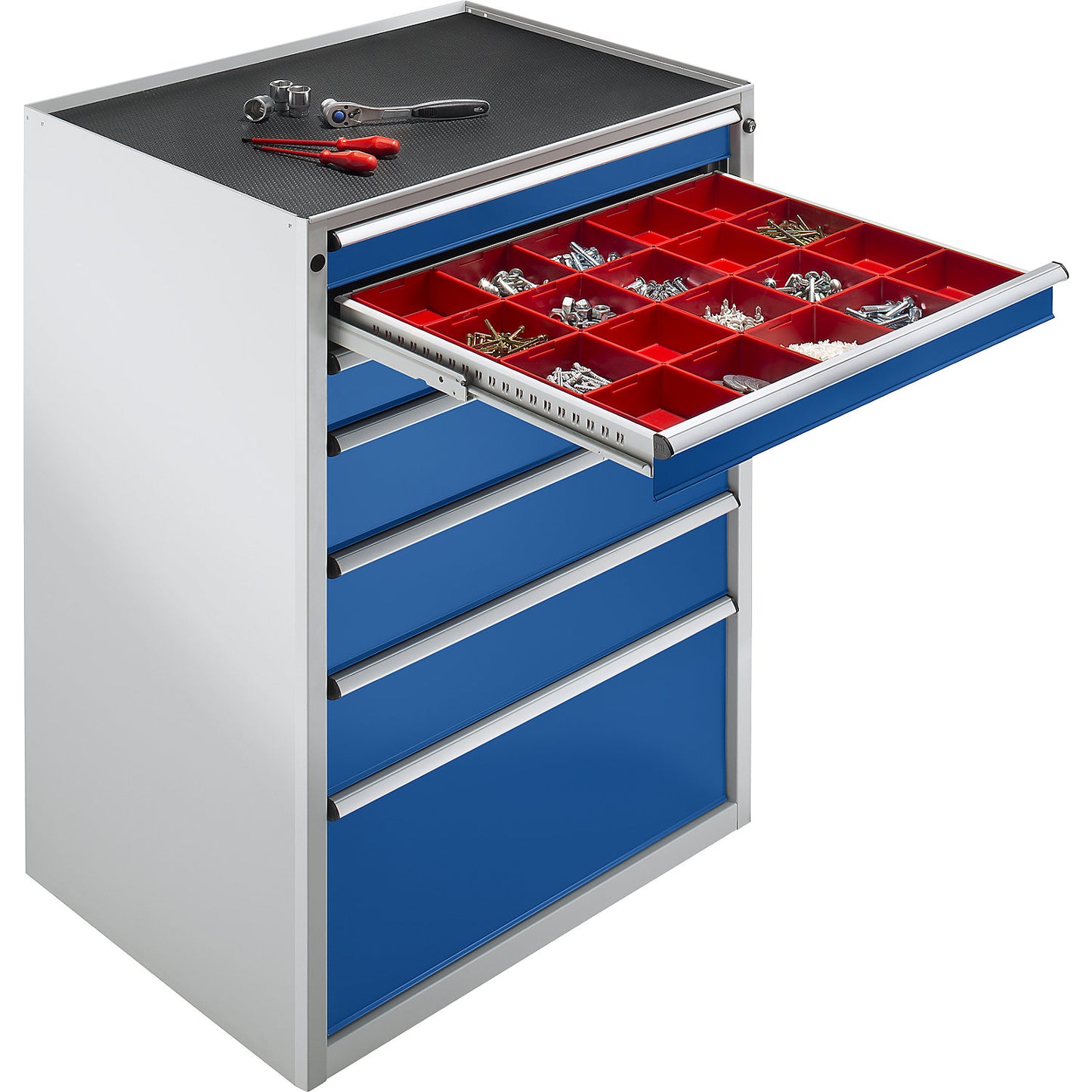 Drawer cupboard, WxD 1060 x 675 mm, max. drawer load 200 kg, 7 drawers, height 1280 mm, front in light grey.