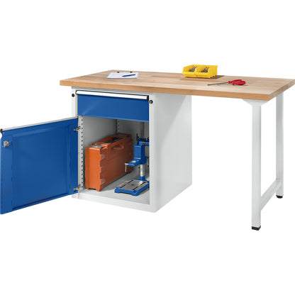 Workbench, Series V frame construction, 1 x 180 mm drawer, 1 x 540 mm door, width 1500 mm, sheet steel cover.