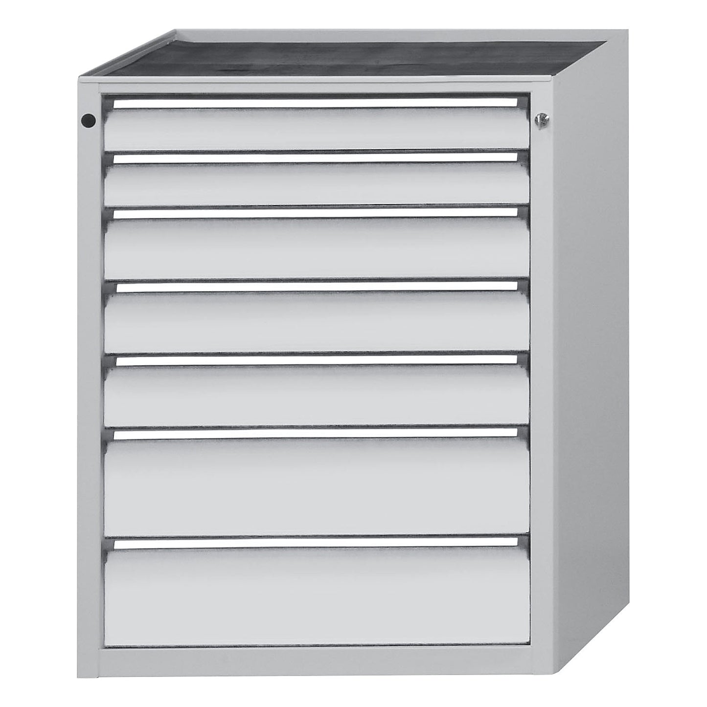 Drawer cupboard, WxD 760 x 675 mm, max. drawer load 100 kg, 7 drawers, height 980 mm, front in light grey.