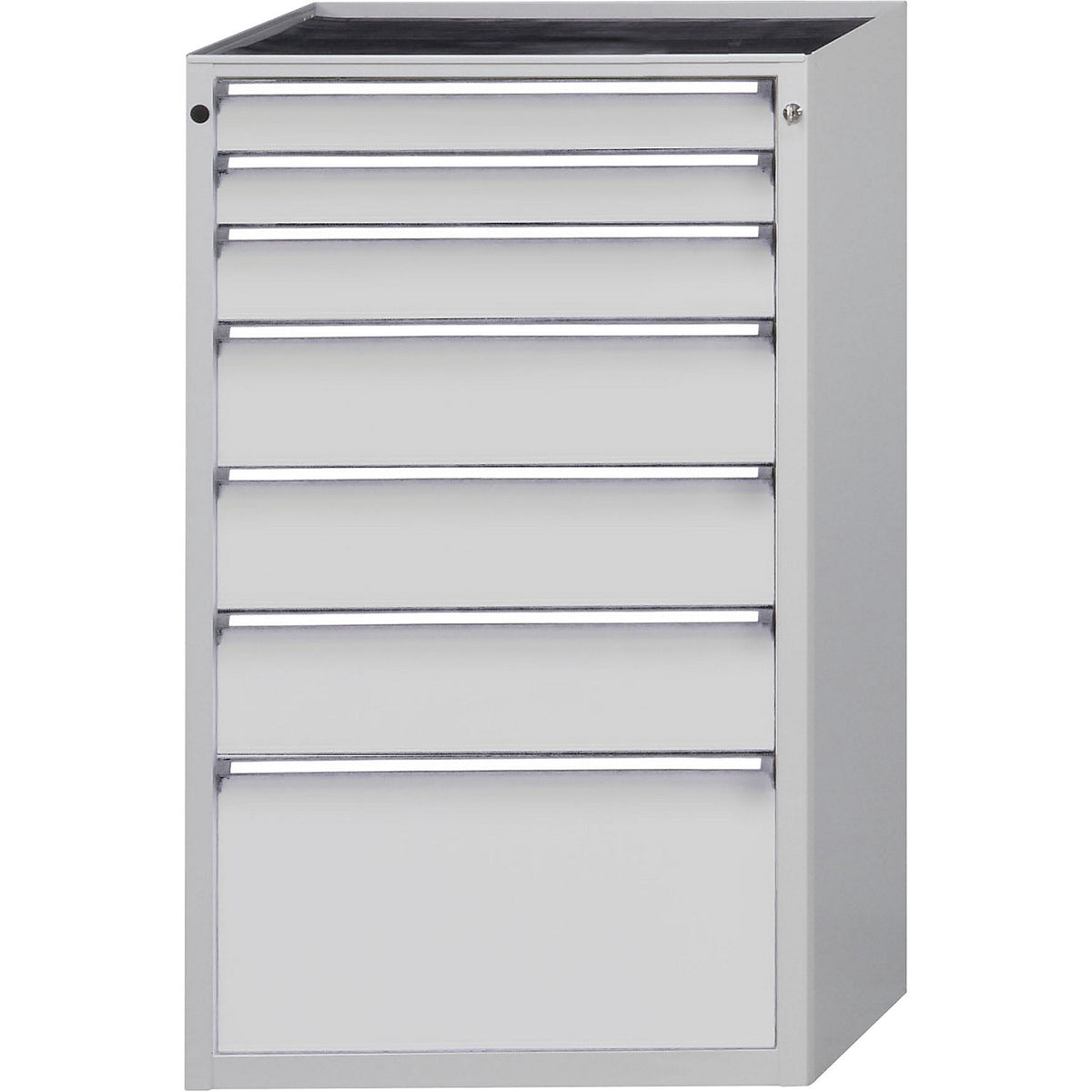 Drawer cupboard, WxD 760 x 675 mm, max. drawer load 100 kg, 7 drawers, height 1280 mm, front in light grey.
