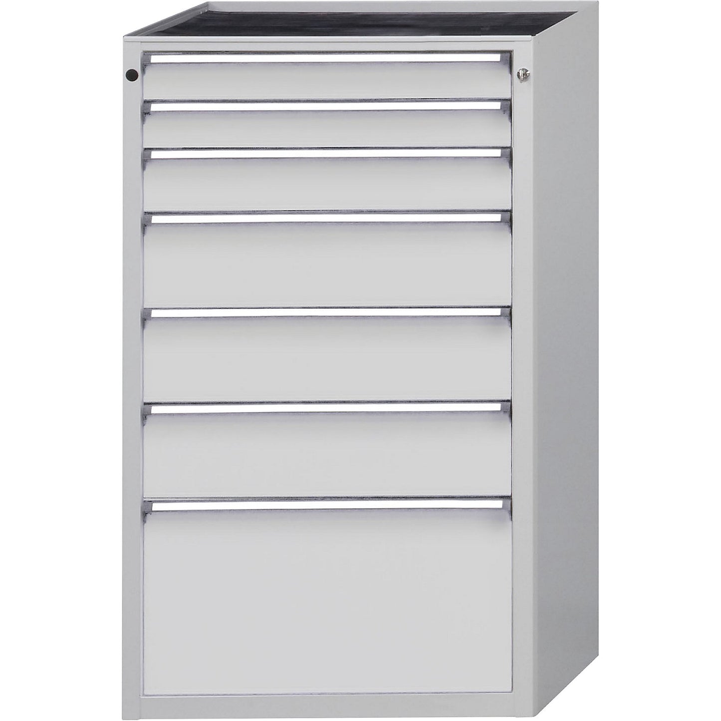 Drawer cupboard, WxD 760 x 675 mm, max. drawer load 100 kg, 7 drawers, height 1280 mm, front in light grey.