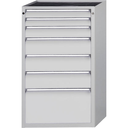 Drawer cupboard, WxD 760 x 675 mm, max. drawer load 100 kg, 7 drawers, height 1280 mm, front in light grey.