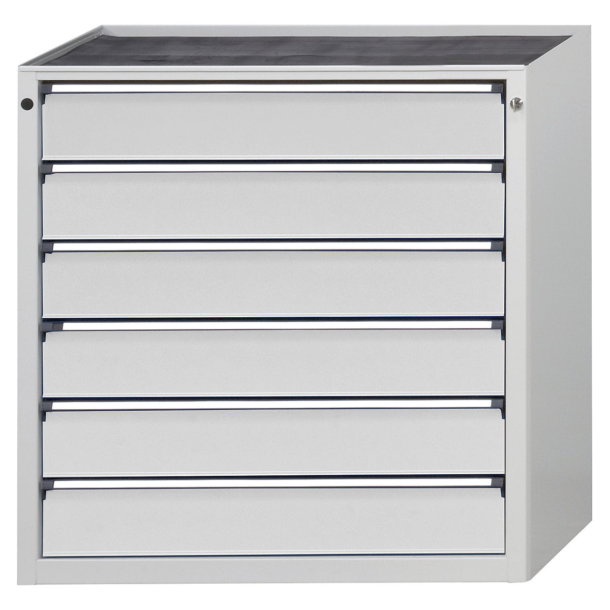 Drawer cupboard, WxD 910 x 675 mm, max. drawer load 100 kg, 6 drawers, height 980 mm, front in light grey.