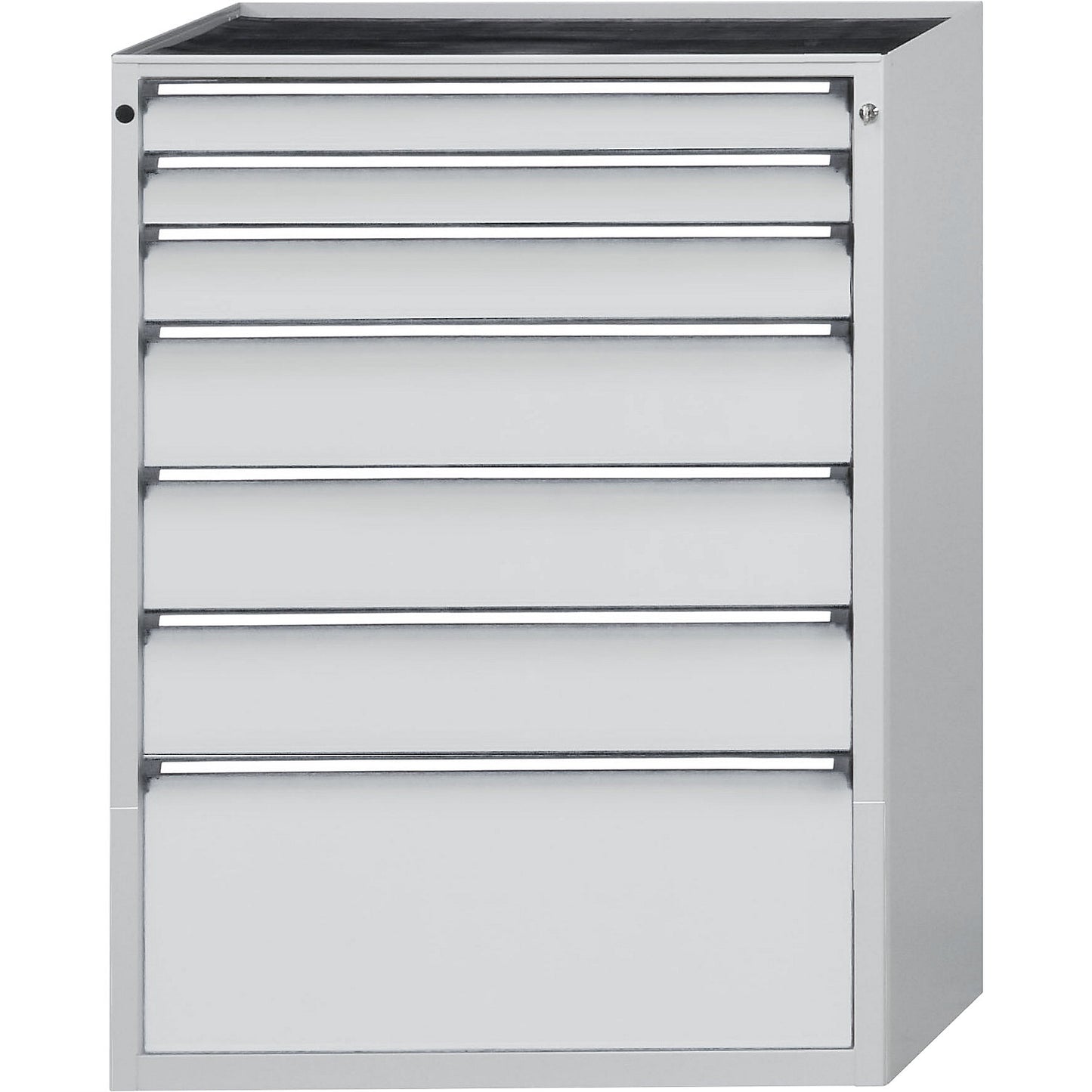 Drawer cupboard, WxD 910 x 675 mm, max. drawer load 200 kg, 7 drawers, height 1280 mm, front in light grey.