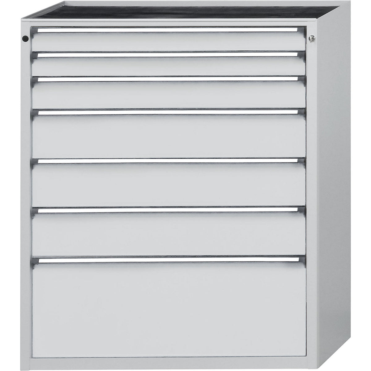 Drawer cupboard, WxD 1060 x 675 mm, max. drawer load 100 kg, 7 drawers, height 1280 mm, front in light grey.