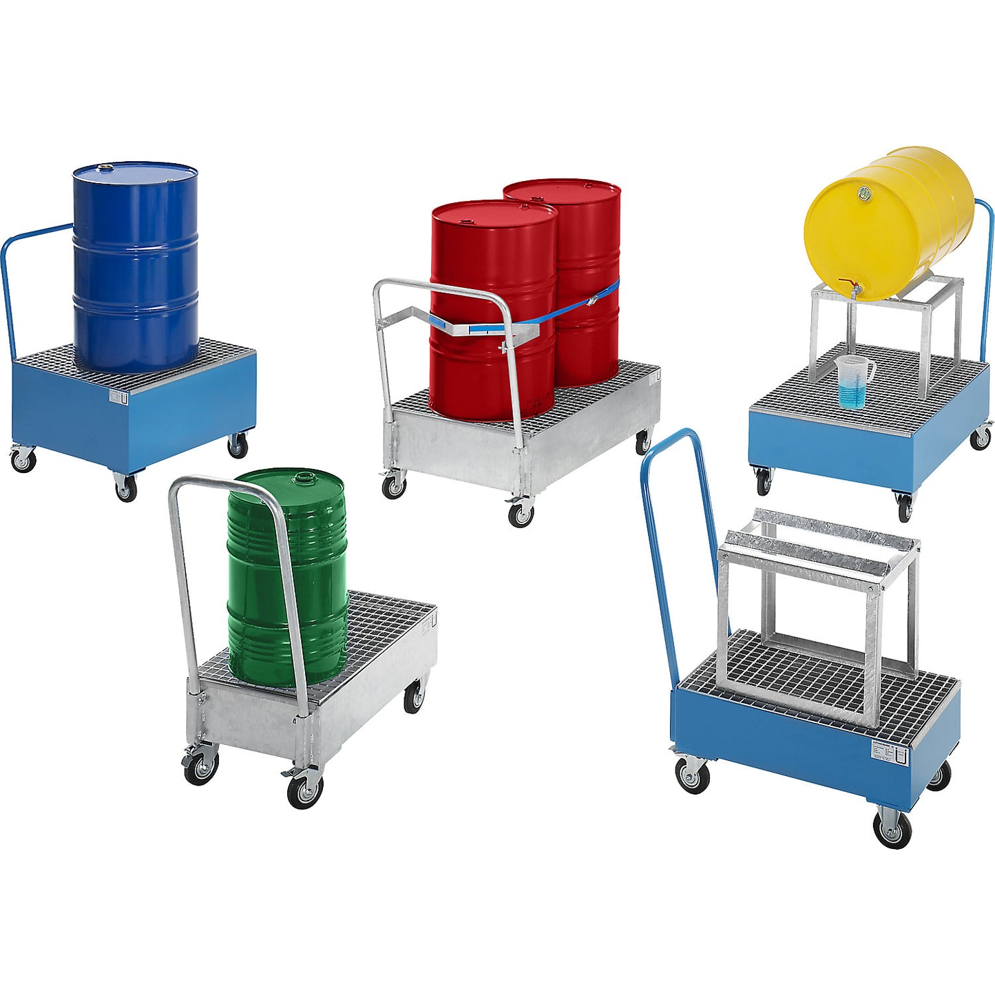 Mobile sump tray made of sheet steel, LxW 800 x 500 mm, 2 x 60 l vertical drums, hot dip galvanised.