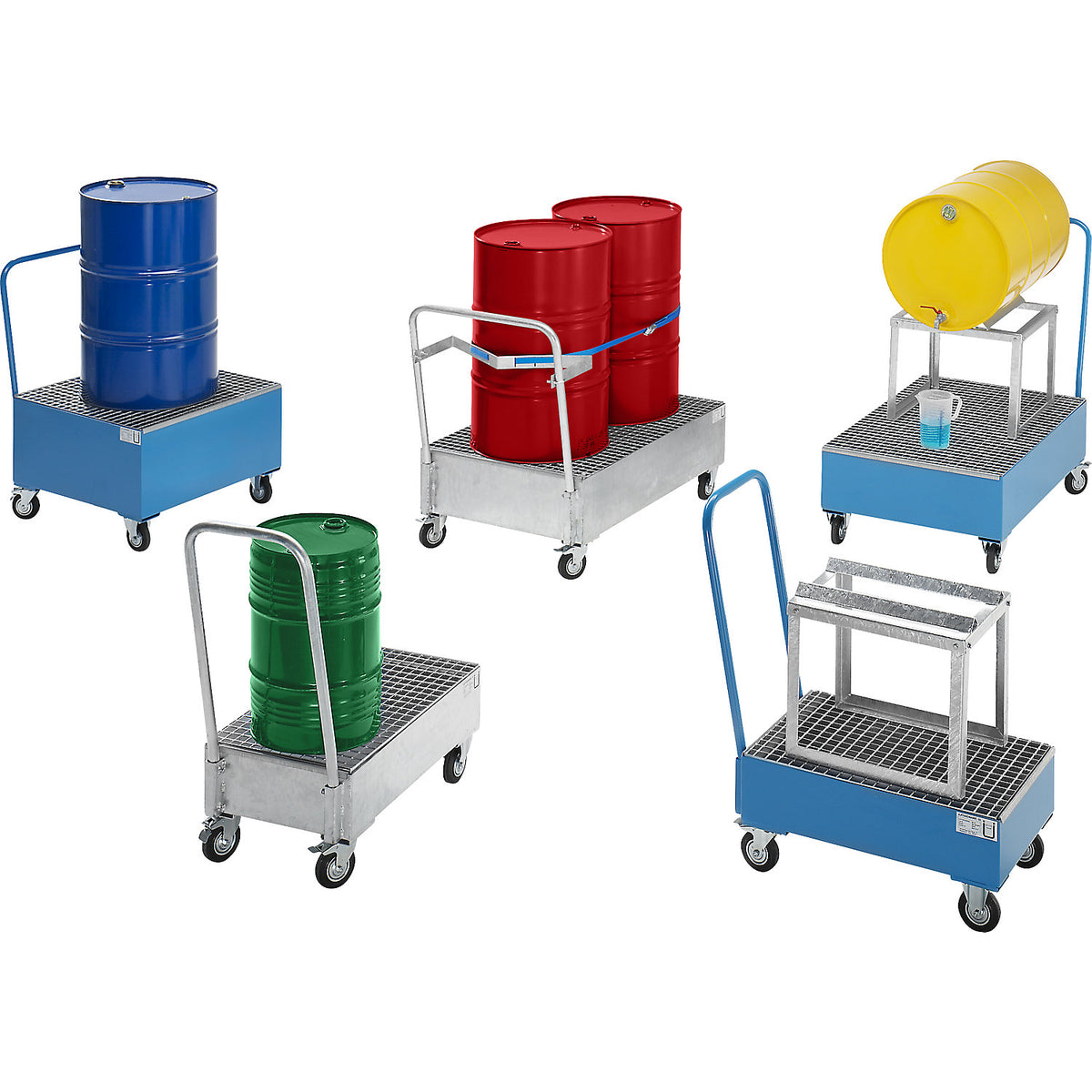 Mobile sump tray made of sheet steel, horizontal drums, LxW 800 x 500 mm, 1 x 60 l drum, blue RAL 5012.
