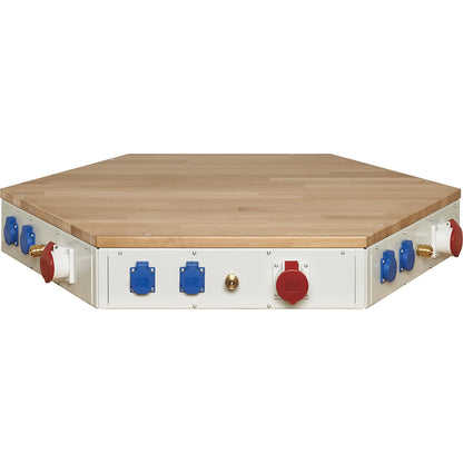 Group workbench, 6 workstations, 6 drawers, with power block, height 790 - 1140 mm.