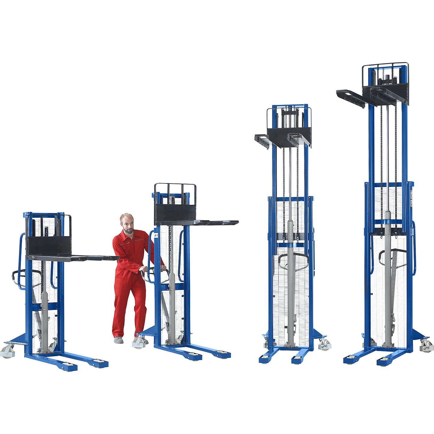 High lift stacker, lifting range 90 - 1600 mm, max. load 1600 kg, overall height 2080 mm.