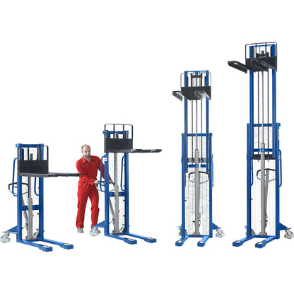 High lift stacker, lifting range 90 - 1600 mm, max. load 1600 kg, overall height 2080 mm.