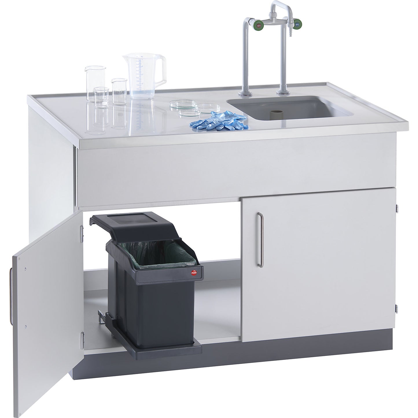 Laboratory sink, stainless steel table top / basin, WxDxH 1210 x 750 x 900 / 1285 mm.