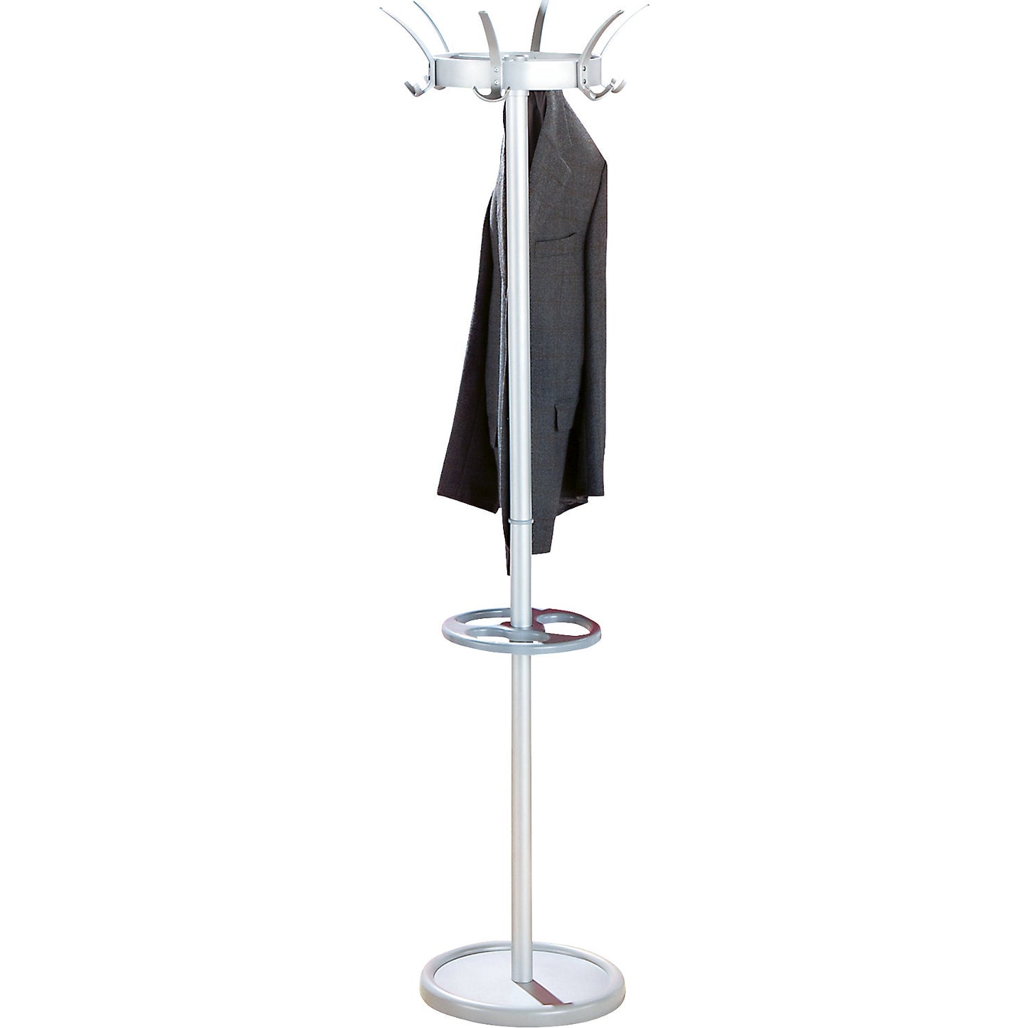 Coat stand, with 6 hat hooks and 12 coat hooks, white aluminium.
