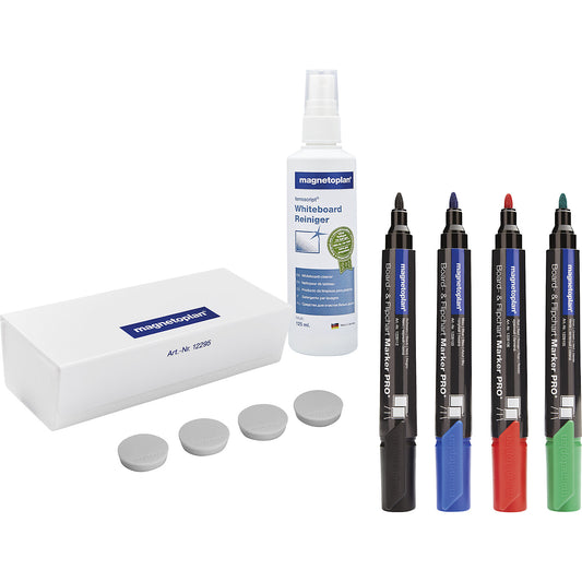 Set of whiteboard accessories, MEDIUM, eraser, cleaner, markers, magnets.