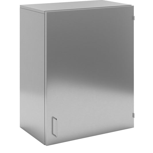 Cleanroom wall mounted cupboard made of stainless steel, 1 hinged door, width 600 mm.
