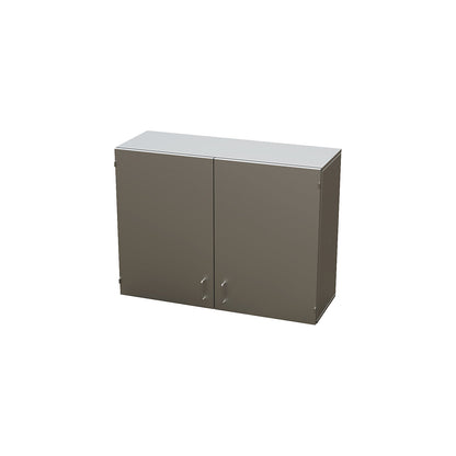 Cleanroom wall mounted cupboard made of stainless steel, 2 hinged doors, width 1200 mm.