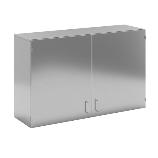 Cleanroom wall mounted cupboard made of stainless steel, 2 hinged doors, width 1200 mm.
