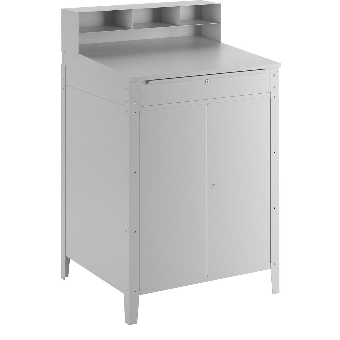 Pedestal desk with sorting compartments, with double door cupboard incl. 1 shelf, light grey RAL 7035.