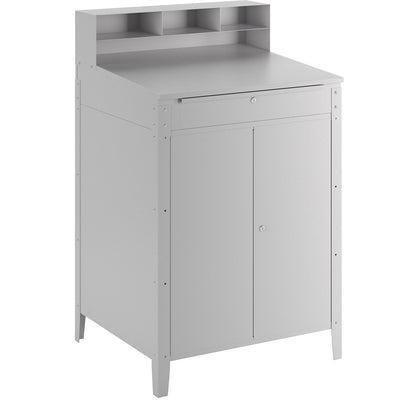 Pedestal desk with sorting compartments, with double door cupboard incl. 1 shelf, light grey RAL 7035.