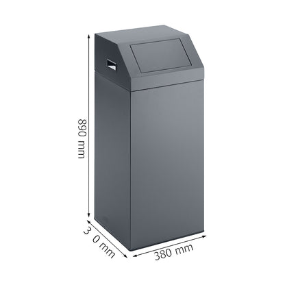 Recyclable waste collector, self extinguishing, capacity 76 l, WxHxD 380 x 890 x 380 mm, antique silver.