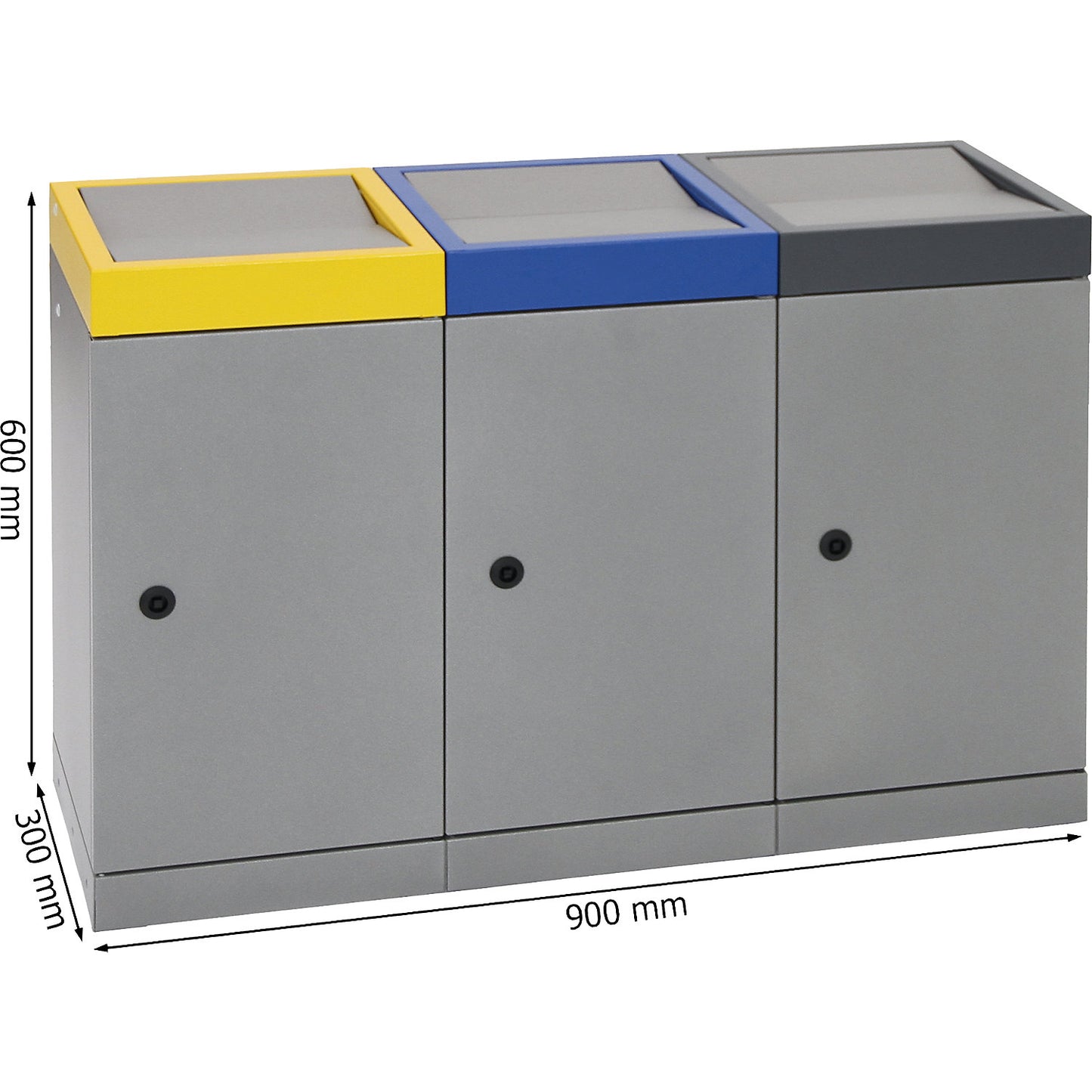 Recyclable waste collection system with hinged door, capacity 30 l, grey aluminium, 3 compartment collector.