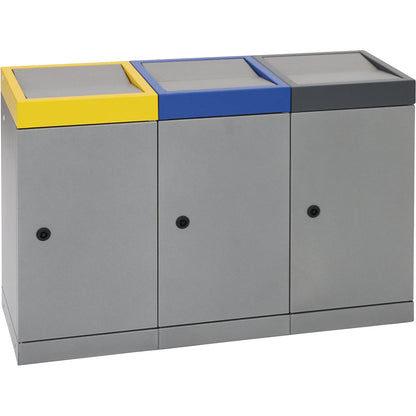 Recyclable waste collection system with hinged door, capacity 30 l, grey aluminium, 3 compartment collector.