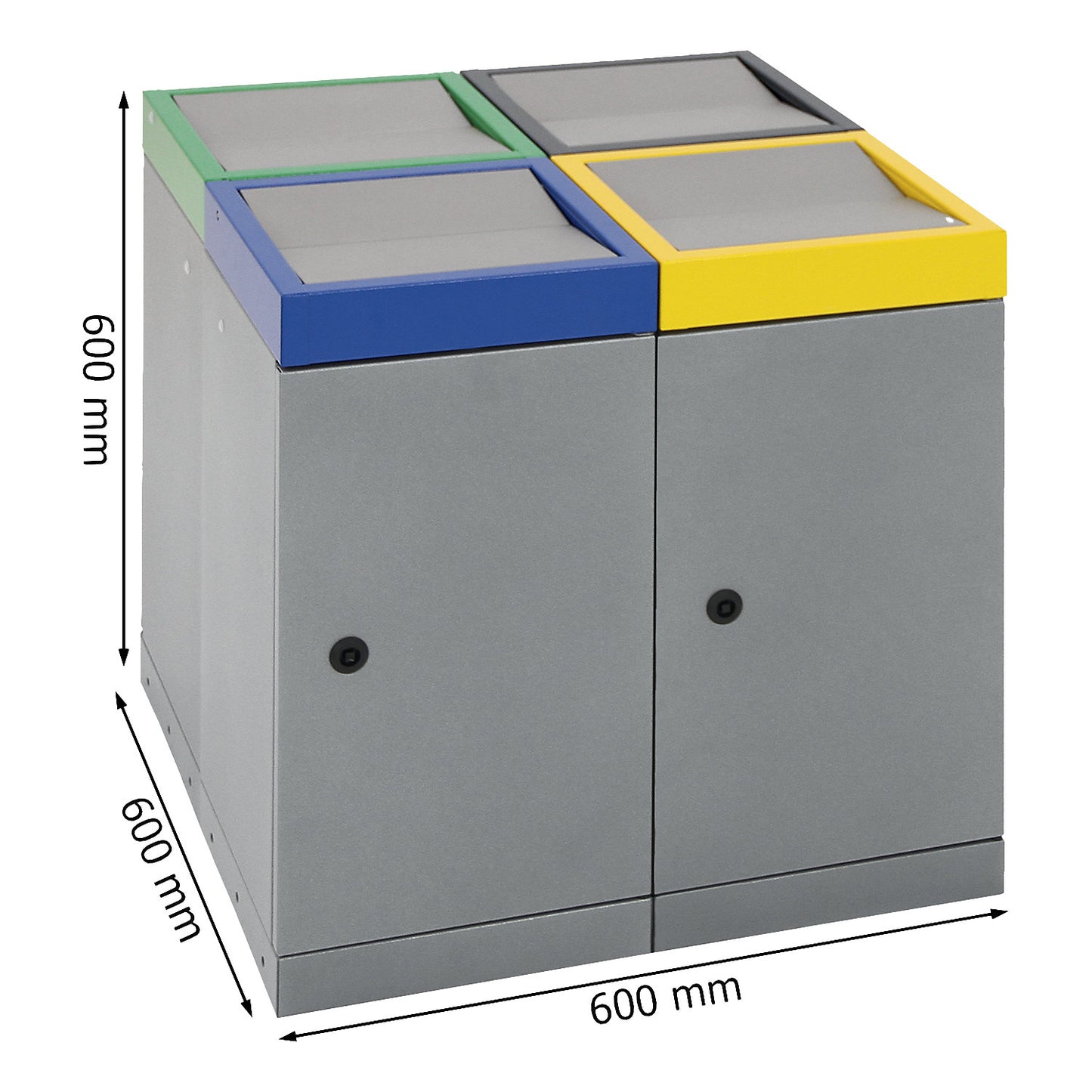 Recyclable waste collection system with hinged door, capacity 30 l, grey aluminium, 4 compartment collector.