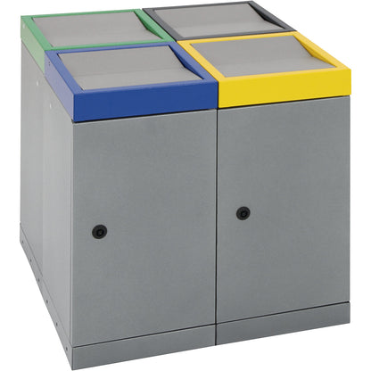 Recyclable waste collection system with hinged door, capacity 30 l, grey aluminium, 4 compartment collector.