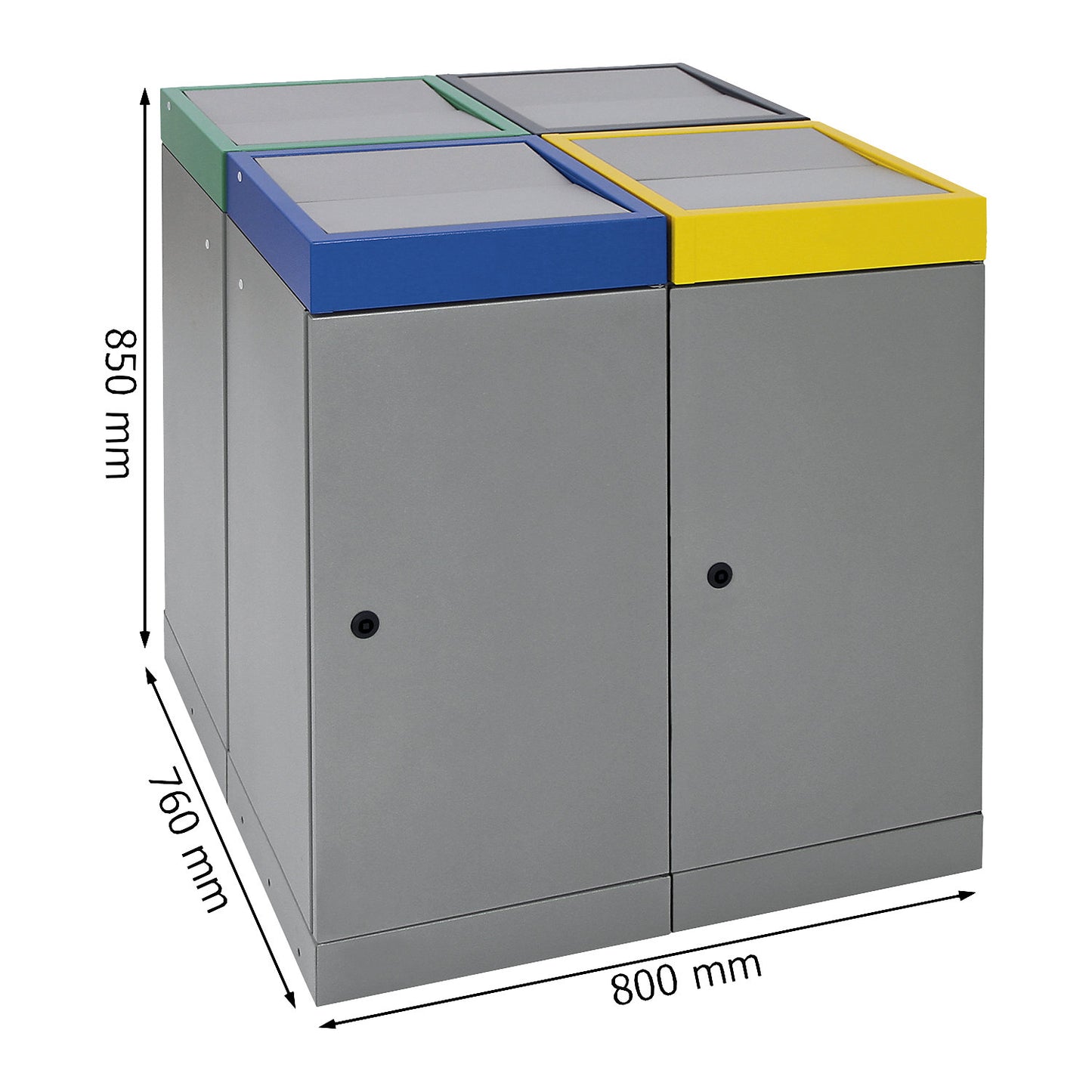 Recyclable waste collection system with hinged door, capacity 70 l, grey aluminium, 4 compartment collector.