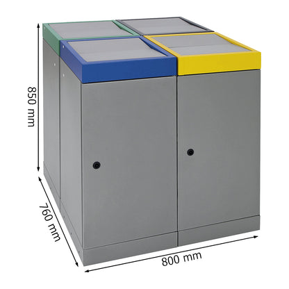 Recyclable waste collection system with hinged door, capacity 70 l, grey aluminium, 4 compartment collector.