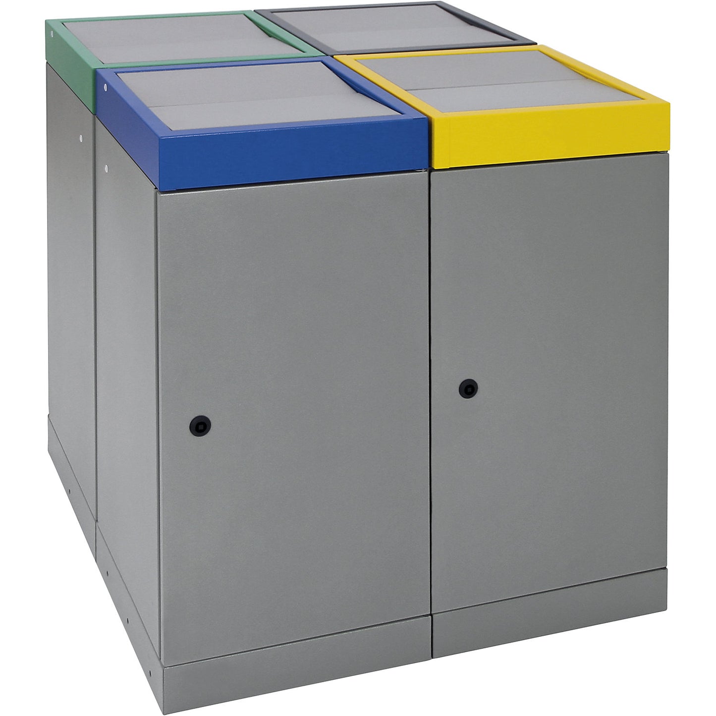 Recyclable waste collection system with hinged door, capacity 70 l, grey aluminium, 4 compartment collector.