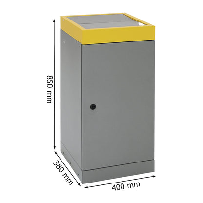 Recyclable waste collector with hinged door, individual unit, capacity 70 l, yellow lid.