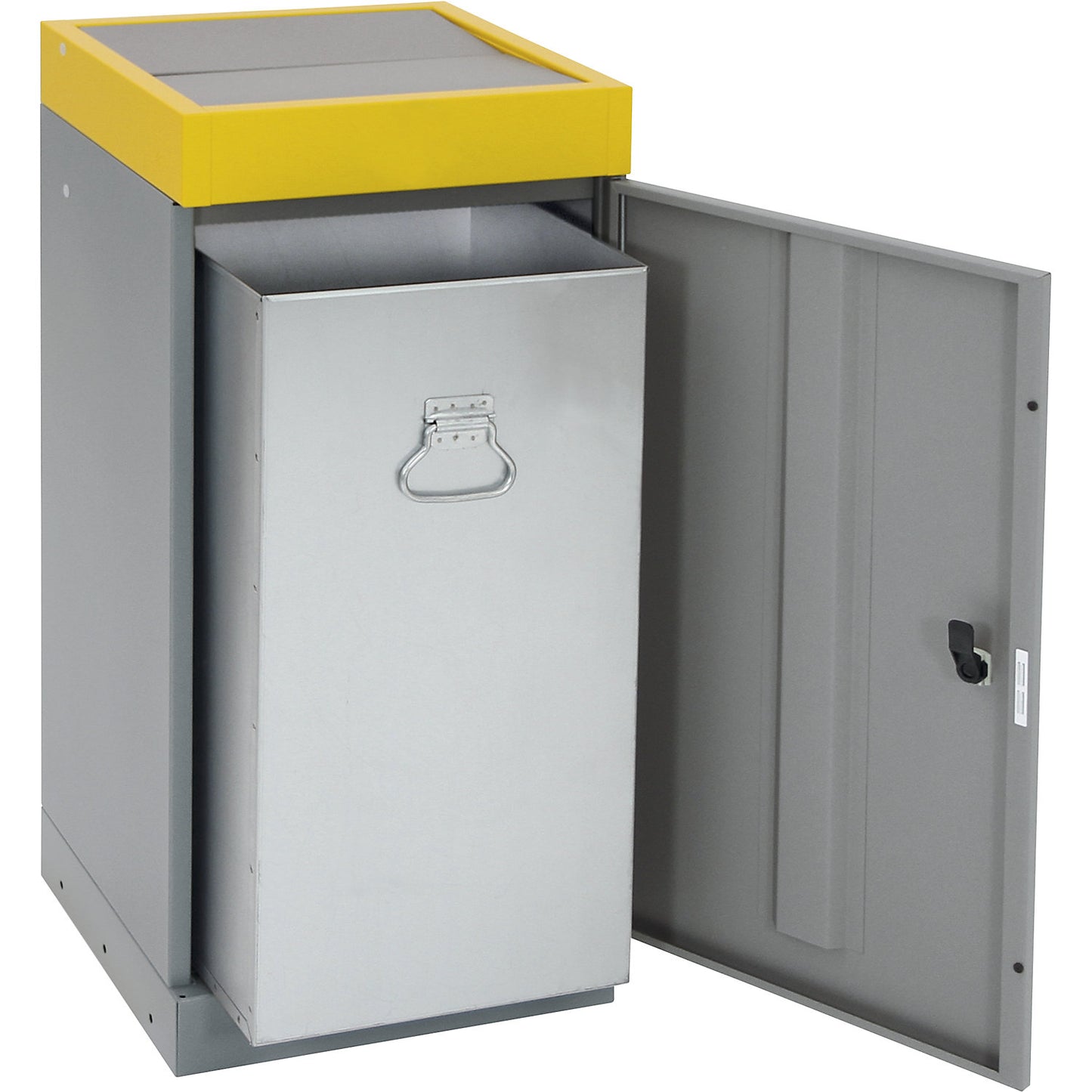 Recyclable waste collector with hinged door, individual unit, capacity 70 l, yellow lid.