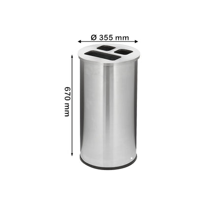 Rubbish bin with 3-compartment sorting, capacity 60 l, height 670 mm, stainless steel.