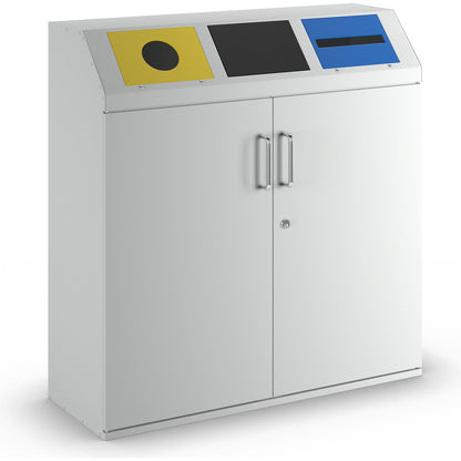 Recyclable waste collection cupboard, capacity 3 x 80 l, light grey RAL 7035.