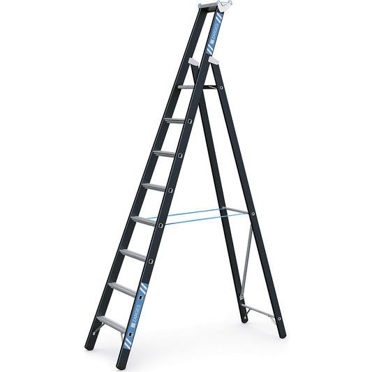 Heavy duty step ladder, single sided, 8 rungs incl. platform.