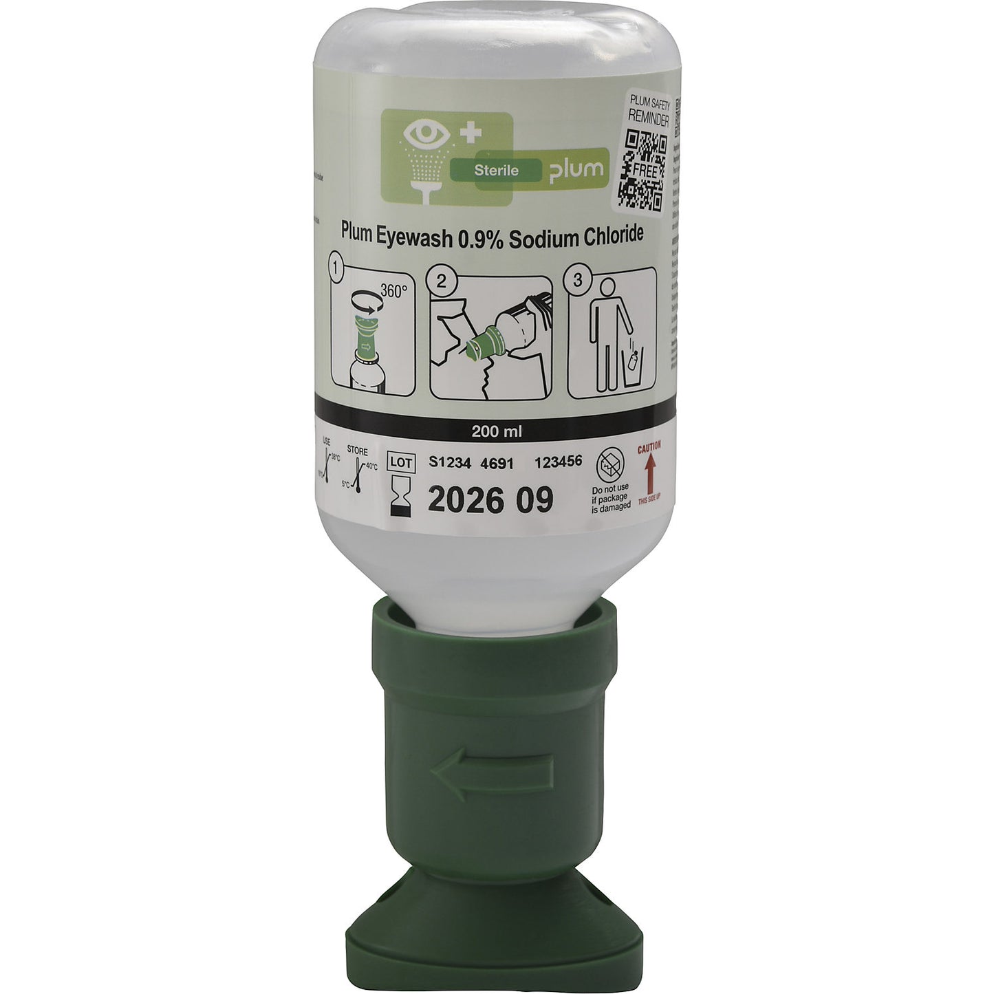 Eye wash bottle 0.9% NaCl, pack of 3 x 200 ml bottles, with eye cup.