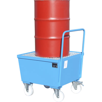 Mobile steel sump tray with edge profiles, for 200 l drum, 1 x upright, LxWxH 870 x 800 x 1110 mm, blue RAL 5012.