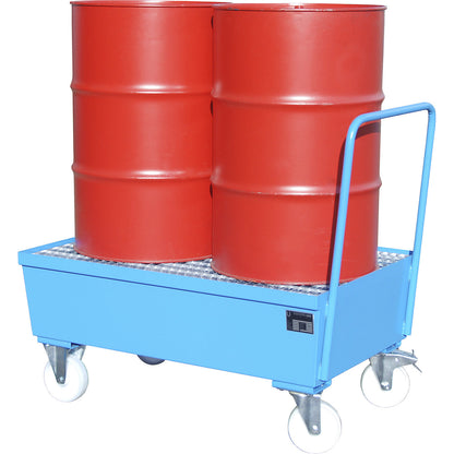 Mobile steel sump tray with edge profiles, for 200 l drums, 2 x upright, LxWxH 1280 x 800 x 1110 mm, blue RAL 5012.