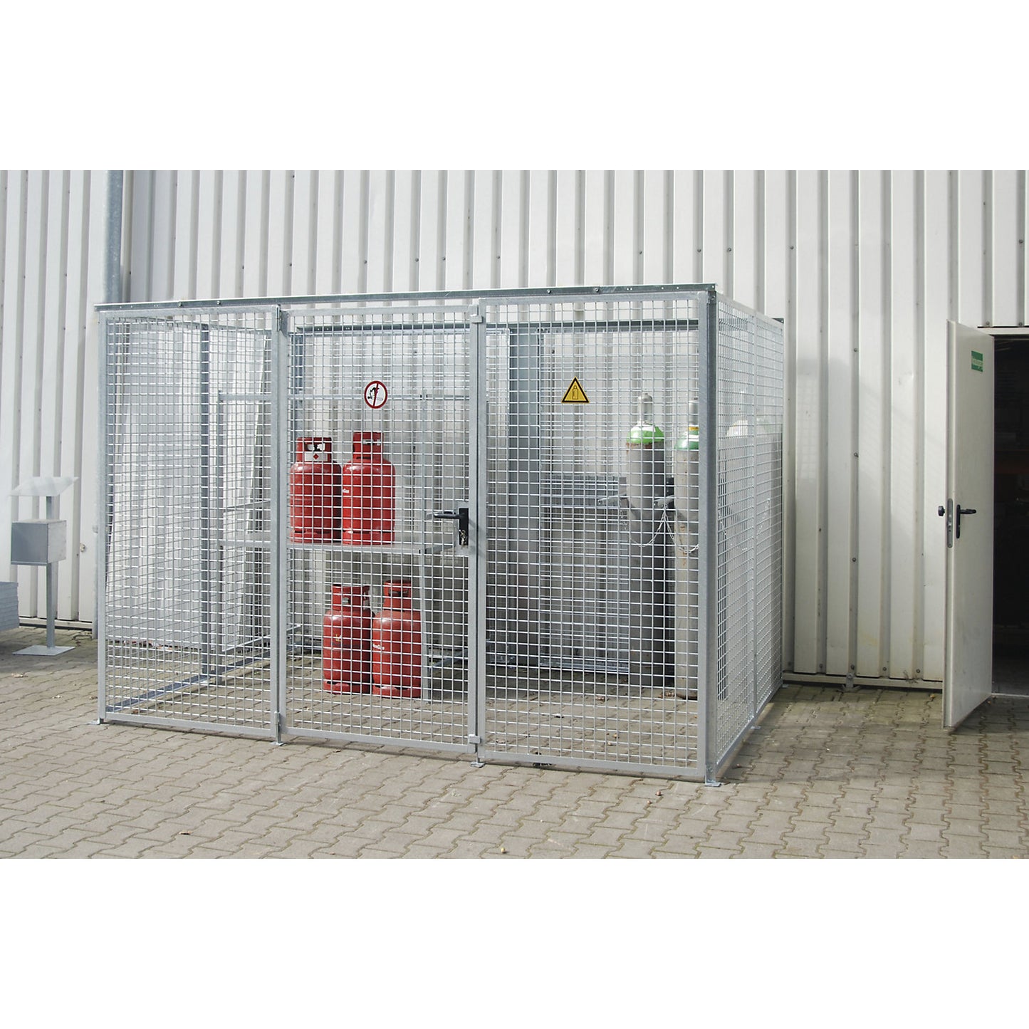 Mesh gas cylinder cage, without roof, with single hinged door, WxD 2100 x 1500 mm.
