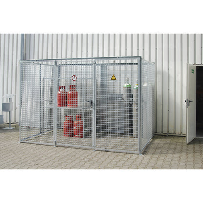 Mesh gas cylinder cage, without roof, with single hinged door, WxD 2100 x 1500 mm.