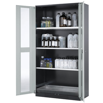 Chemical storage cupboard, door with vision panels, 3 shelves, light grey.