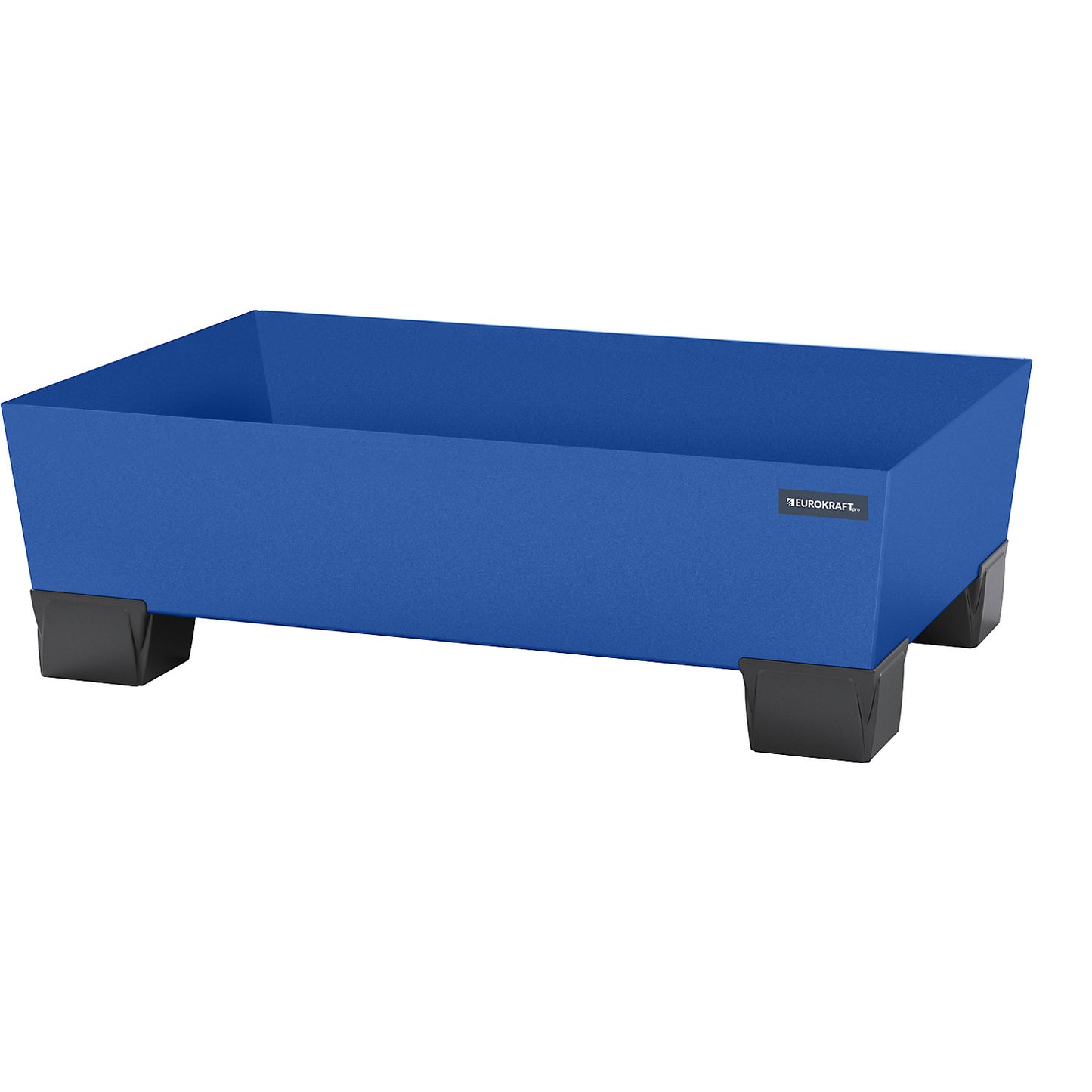 Steel sump tray with plastic feet, LxWxH 1240 x 815 x 360 mm, blue, without grate.
