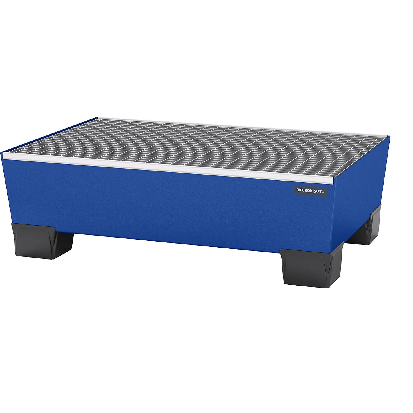 Steel sump tray with plastic feet, LxWxH 1240 x 815 x 360 mm, blue, with grate.