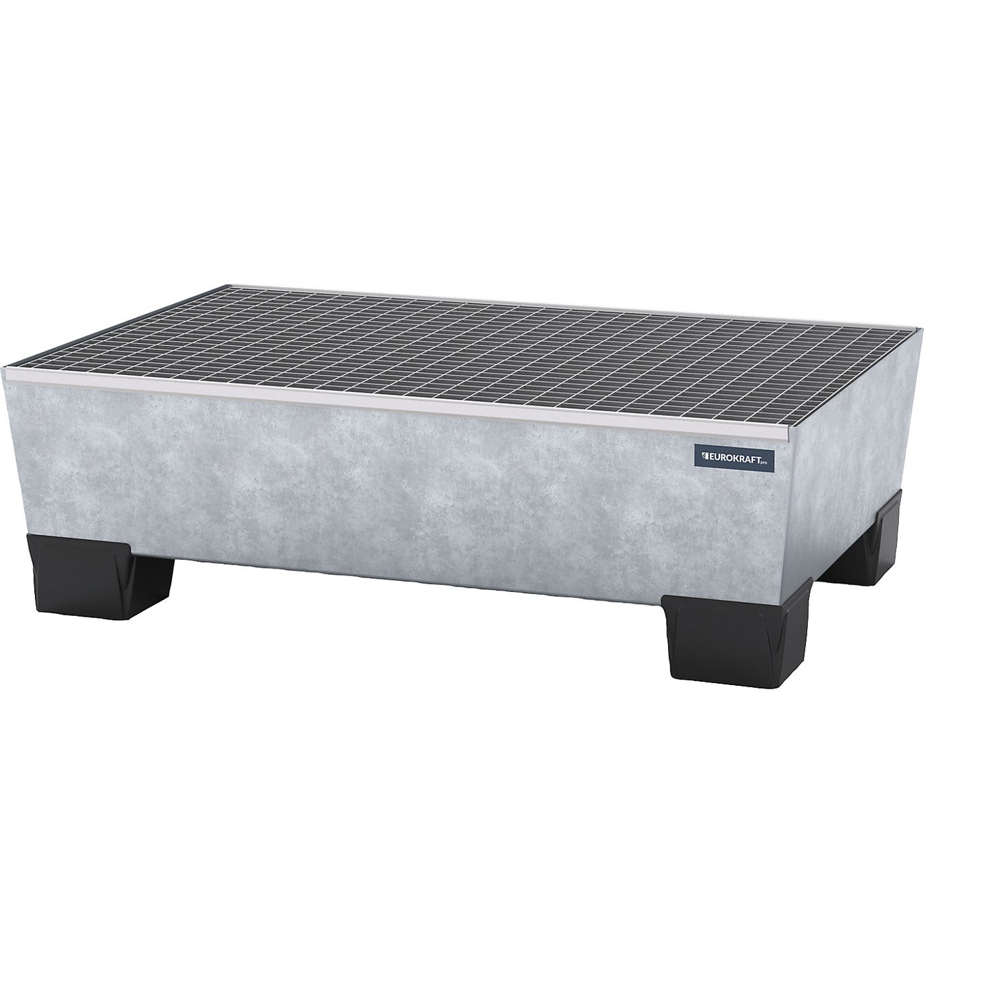 Steel sump tray with plastic feet, LxWxH 1240 x 815 x 360 mm, hot dip galvanised, with grate.